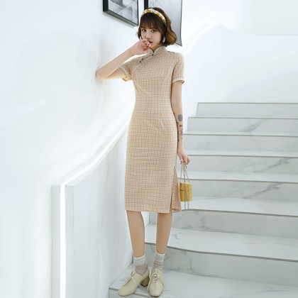 Elegant Light Orange Plaid Cotton Midi Cheongsam 1031-30 Clearance No Return / No Exchange