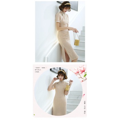 Elegant Light Orange Plaid Cotton Midi Cheongsam 1031-30 Clearance No Return / No Exchange