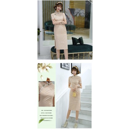 Elegant Light Orange Plaid Cotton Midi Cheongsam 1031-30 Clearance No Return / No Exchange