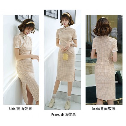 Elegant Light Orange Plaid Cotton Midi Cheongsam 1031-30 Clearance No Return / No Exchange