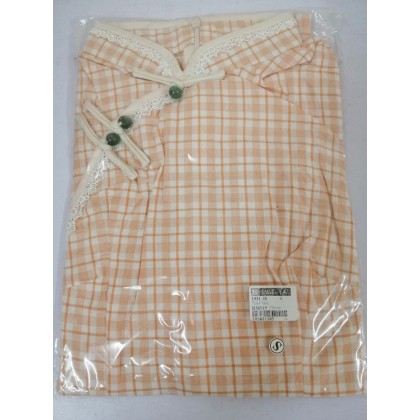 Elegant Light Orange Plaid Cotton Midi Cheongsam 1031-30 Clearance No Return / No Exchange