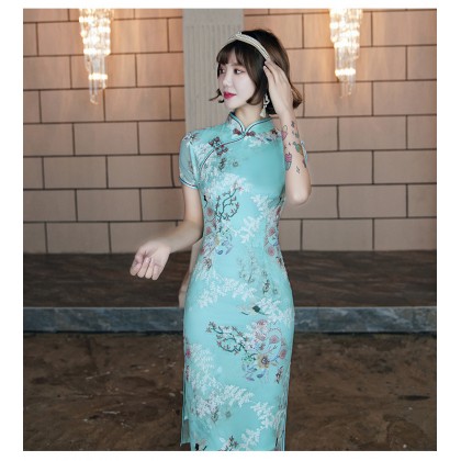 Suzhou Peach Blossom Blue Chiffon Midi Cheongsam 1036-70 Suzhou Peach Blossom Blue Chiffon Midi Cheongsam 1036-70