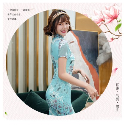 Suzhou Peach Blossom Blue Chiffon Midi Cheongsam 1036-70 Suzhou Peach Blossom Blue Chiffon Midi Cheongsam 1036-70