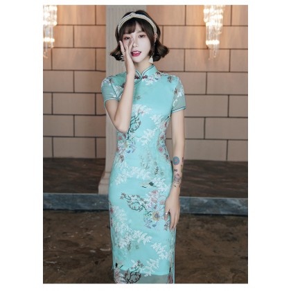 Suzhou Peach Blossom Blue Chiffon Midi Cheongsam 1036-70 Suzhou Peach Blossom Blue Chiffon Midi Cheongsam 1036-70