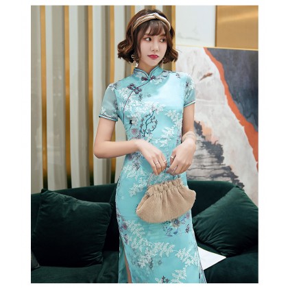 Suzhou Peach Blossom Blue Chiffon Midi Cheongsam 1036-70 Suzhou Peach Blossom Blue Chiffon Midi Cheongsam 1036-70
