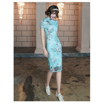 Suzhou Peach Blossom Blue Chiffon Midi Cheongsam 1036-70 Suzhou Peach Blossom Blue Chiffon Midi Cheongsam 1036-70