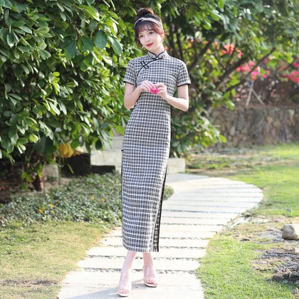 Suzhou Graceful Black Plaid Maxi cheongsam 1038-99 Suzhou Graceful Black Plaid Maxi cheongsam 1038-99