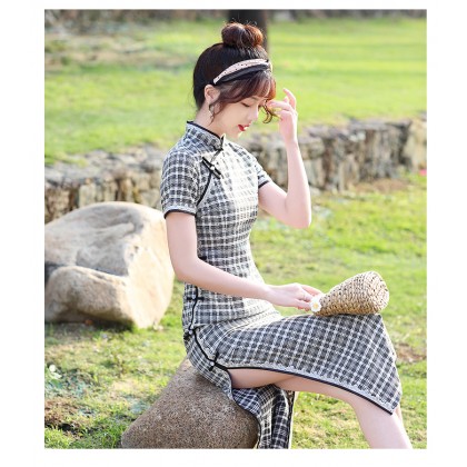 Suzhou Graceful Black Plaid Maxi cheongsam 1038-99 Suzhou Graceful Black Plaid Maxi cheongsam 1038-99