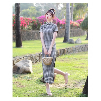 Suzhou Graceful Black Plaid Maxi cheongsam 1038-99 Suzhou Graceful Black Plaid Maxi cheongsam 1038-99