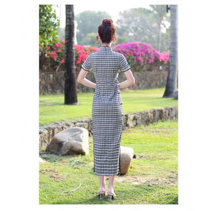 Suzhou Graceful Black Plaid Maxi cheongsam 1038-99 Suzhou Graceful Black Plaid Maxi cheongsam 1038-99