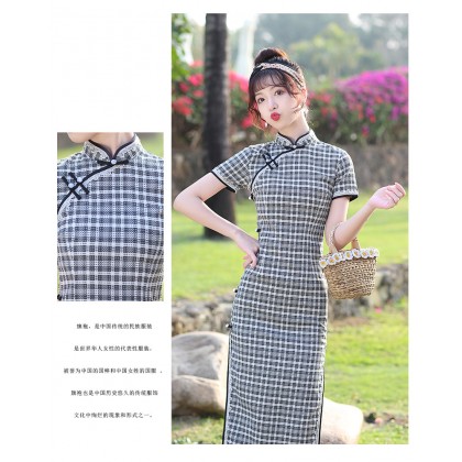 Suzhou Graceful Black Plaid Maxi cheongsam 1038-99 Suzhou Graceful Black Plaid Maxi cheongsam 1038-99