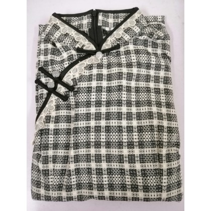 Suzhou Graceful Black Plaid Maxi cheongsam 1038-99 Suzhou Graceful Black Plaid Maxi cheongsam 1038-99