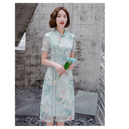 Ao Dai Chiffon Green Butterfly Midi Dress 3040-50
