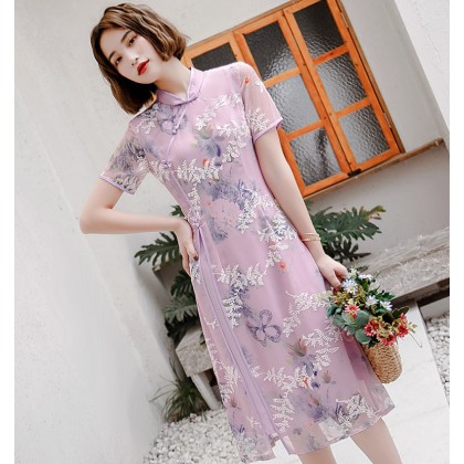 Ao Dai Chiffon Purple Butterfly Midi Dress 3040-80 雪紡紗紫色中長奧黛裙