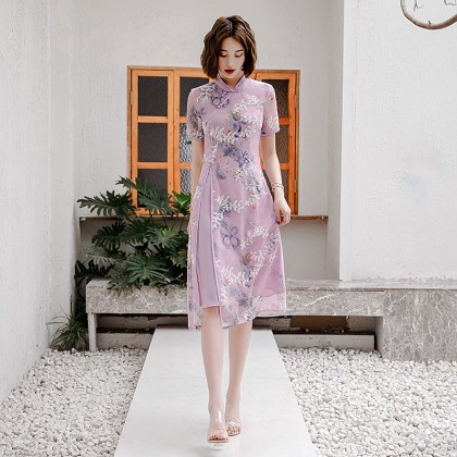 Ao Dai Chiffon Purple Butterfly Midi Dress 3040-80 雪紡紗紫色中長奧黛裙