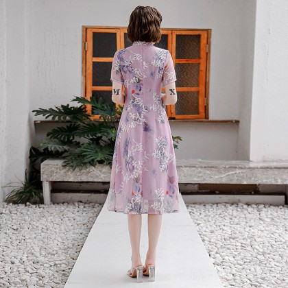 Ao Dai Chiffon Purple Butterfly Midi Dress 3040-80 雪紡紗紫色中長奧黛裙