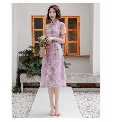 Ao Dai Chiffon Purple Butterfly Midi Dress 3040-80 雪紡紗紫色中長奧黛裙