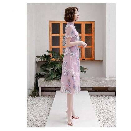 Ao Dai Chiffon Purple Butterfly Midi Dress 3040-80 雪紡紗紫色中長奧黛裙