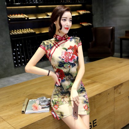 Suzhou Faux Silk Peony Yellow Mini Qipao 2409-40 Suzhou Faux Silk Peony Yellow Mini Qipao 2409-40