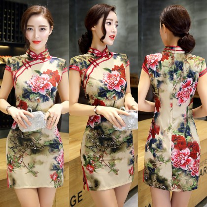 Suzhou Faux Silk Peony Yellow Mini Qipao 2409-40 Suzhou Faux Silk Peony Yellow Mini Qipao 2409-40
