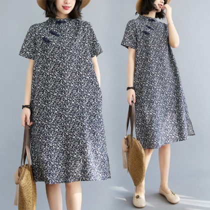 Vintage Dark Blue Floral Linen Midi Cheongsam Dress 3041-77 Vintage Dark Blue Floral Linen Midi Cheongsam Dress 3041-77