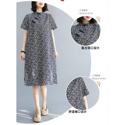 Vintage Dark Blue Floral Linen Midi Cheongsam Dress 3041-77 Vintage Dark Blue Floral Linen Midi Cheongsam Dress 3041-77
