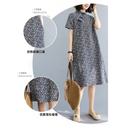 Vintage Dark Blue Floral Linen Midi Cheongsam Dress 3041-77 Vintage Dark Blue Floral Linen Midi Cheongsam Dress 3041-77