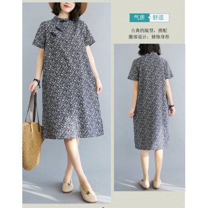 Vintage Dark Blue Floral Linen Midi Cheongsam Dress 3041-77 Vintage Dark Blue Floral Linen Midi Cheongsam Dress 3041-77