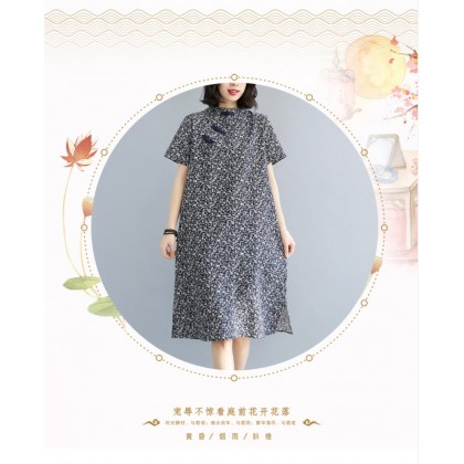 Vintage Dark Blue Floral Linen Midi Cheongsam Dress 3041-77 Vintage Dark Blue Floral Linen Midi Cheongsam Dress 3041-77
