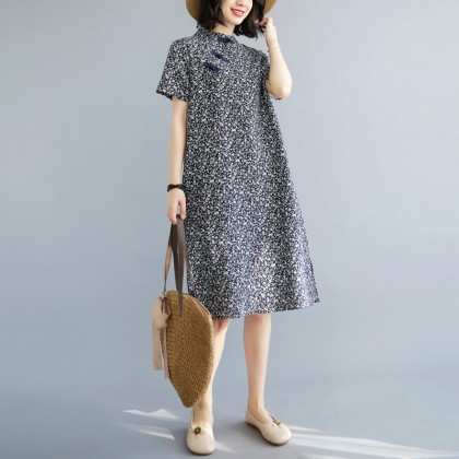 Vintage Dark Blue Floral Linen Midi Cheongsam Dress 3041-77 Vintage Dark Blue Floral Linen Midi Cheongsam Dress 3041-77