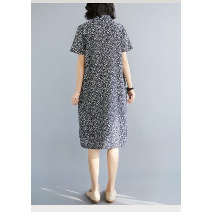 Vintage Dark Blue Floral Linen Midi Cheongsam Dress 3041-77 Vintage Dark Blue Floral Linen Midi Cheongsam Dress 3041-77