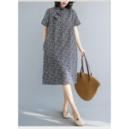 Vintage Dark Blue Floral Linen Midi Cheongsam Dress 3041-77 Vintage Dark Blue Floral Linen Midi Cheongsam Dress 3041-77
