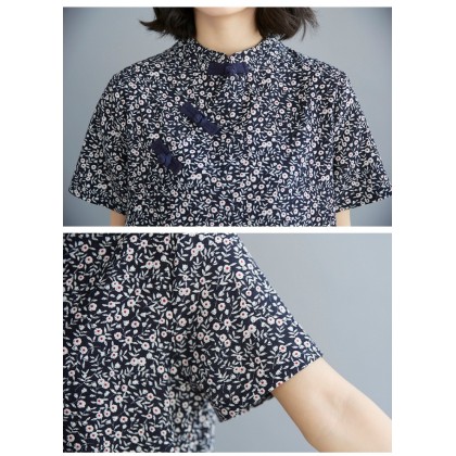 Vintage Dark Blue Floral Linen Midi Cheongsam Dress 3041-77 Vintage Dark Blue Floral Linen Midi Cheongsam Dress 3041-77