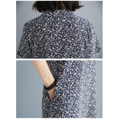 Vintage Dark Blue Floral Linen Midi Cheongsam Dress 3041-77 Vintage Dark Blue Floral Linen Midi Cheongsam Dress 3041-77