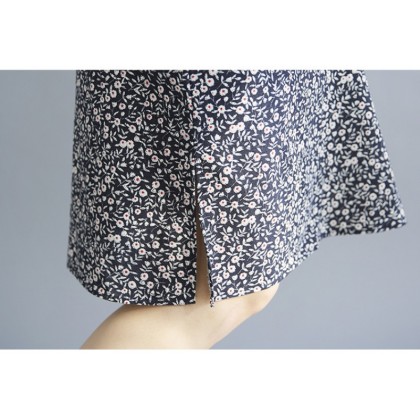 Vintage Dark Blue Floral Linen Midi Cheongsam Dress 3041-77 Vintage Dark Blue Floral Linen Midi Cheongsam Dress 3041-77