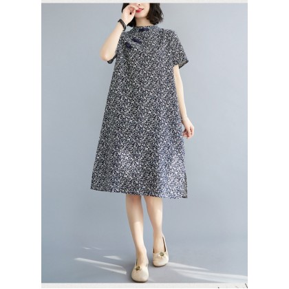 Vintage Dark Blue Floral Linen Midi Cheongsam Dress 3041-77 Vintage Dark Blue Floral Linen Midi Cheongsam Dress 3041-77