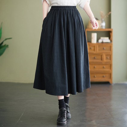 Vintage Linen Maxi Dark Blue Plaid Skirt 8020-77 Vintage Linen Maxi Dark Blue Plaid Skirt 8020-77