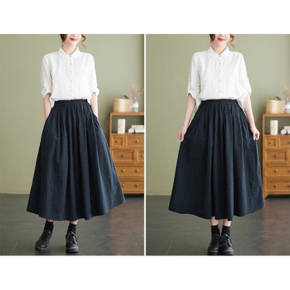 Vintage Linen Maxi Dark Blue Plaid Skirt 8020-77 Vintage Linen Maxi Dark Blue Plaid Skirt 8020-77