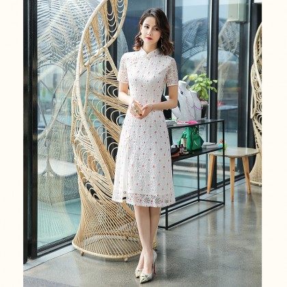 Ao Dai Style Off White Dot Lace Midi Cheongsam Dress 3030-02 蕾絲奧黛圓點米色中長旗袍裙