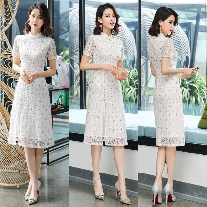 Ao Dai Style Off White Dot Lace Midi Cheongsam Dress 3030-02 蕾絲奧黛圓點米色中長旗袍裙