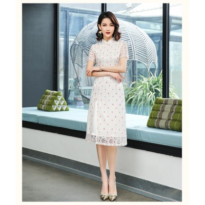 Ao Dai Style Off White Dot Lace Midi Cheongsam Dress 3030-02 蕾絲奧黛圓點米色中長旗袍裙