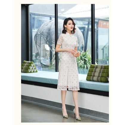 Ao Dai Style Off White Dot Lace Midi Cheongsam Dress 3030-02