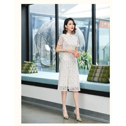 Ao Dai Style Off White Dot Lace Midi Cheongsam Dress 3030-02 蕾絲奧黛圓點米色中長旗袍裙