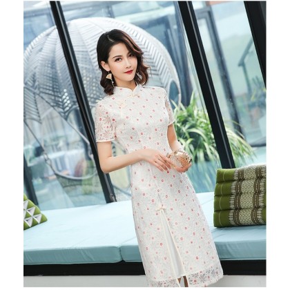 Ao Dai Style Off White Dot Lace Midi Cheongsam Dress 3030-02