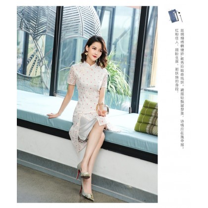 Ao Dai Style Off White Dot Lace Midi Cheongsam Dress 3030-02 蕾絲奧黛圓點米色中長旗袍裙