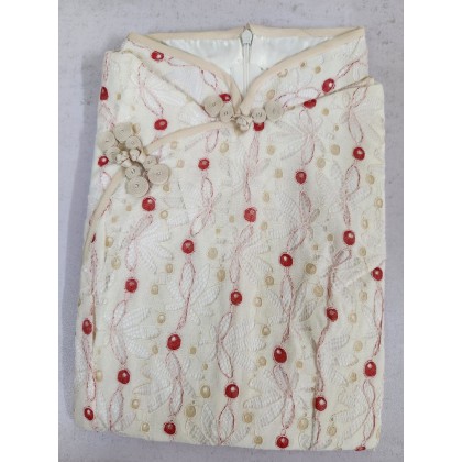 Ao Dai Style Off White Dot Lace Midi Cheongsam Dress 3030-02