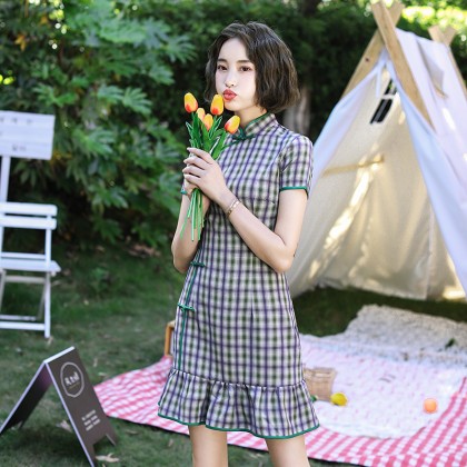 Fishtail Plaid Purple Green Mini Qipao Dress 3043-80 Fishtail Plaid Purple Green Mini Qipao Dress 3043-80