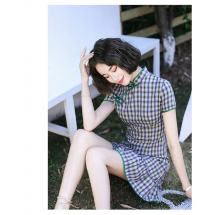 Fishtail Plaid Purple Green Mini Qipao Dress 3043-80 Fishtail Plaid Purple Green Mini Qipao Dress 3043-80