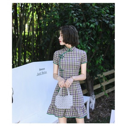 Fishtail Plaid Purple Green Mini Qipao Dress 3043-80 Fishtail Plaid Purple Green Mini Qipao Dress 3043-80