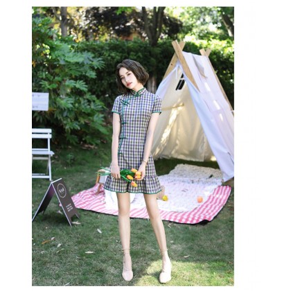 Fishtail Plaid Purple Green Mini Qipao Dress 3043-80 Fishtail Plaid Purple Green Mini Qipao Dress 3043-80